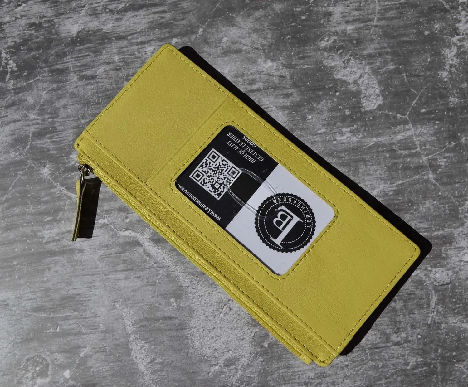 Leatherboss Genuine Leather Women's All in One Credit Business Card Case Holder Slim Zipper Wallet With a Card Protection Strap, Lemon
