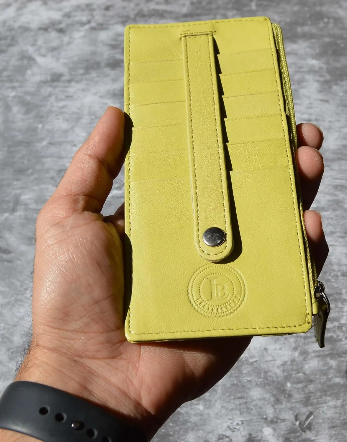 Leatherboss Genuine Leather Women's All in One Credit Business Card Case Holder Slim Zipper Wallet With a Card Protection Strap, Lemon