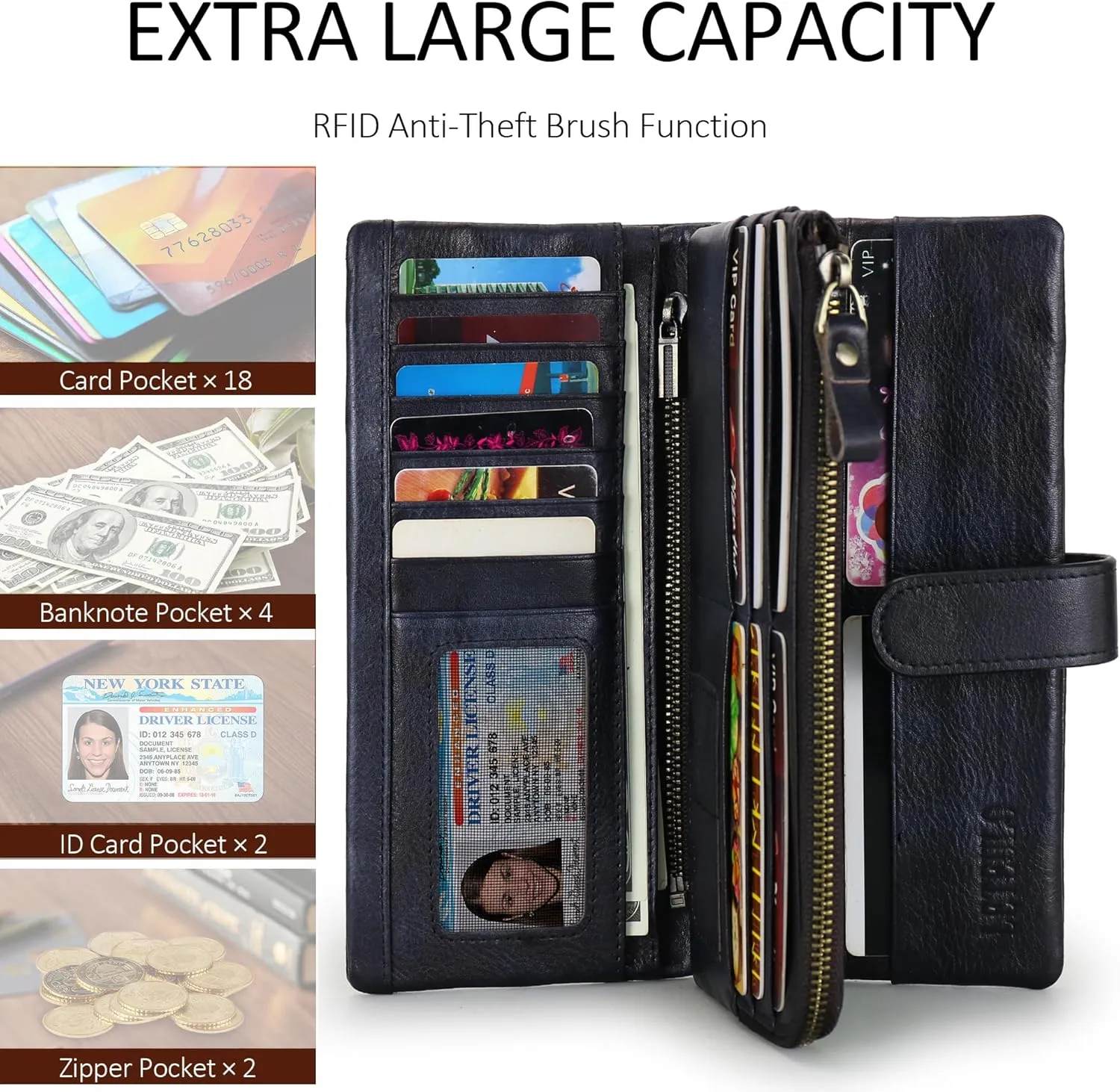 LETEULO Women's RFID Blocking Genuine Leather Wallet Vintage Hand Rubbing Wallets Organizer