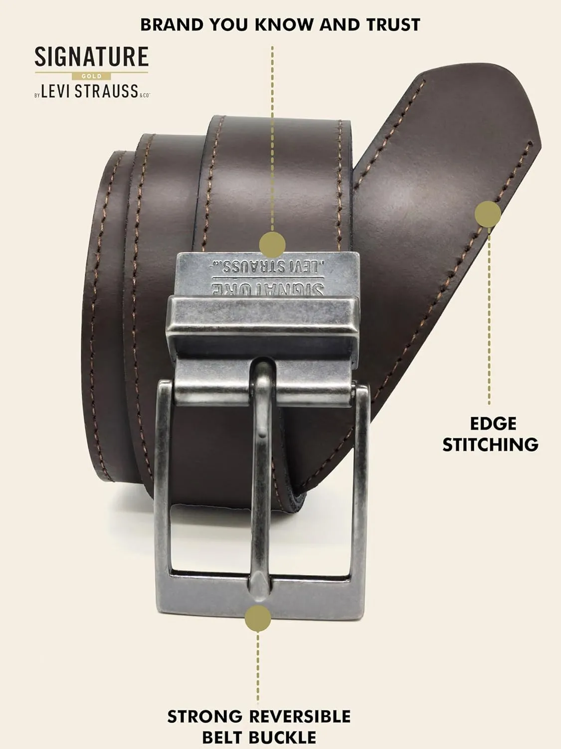 Levi Strauss Signature - Premium Leather Reversible Belt for Men for Jeans, Work, Dress & Casual pants | Cinturon Para Hombre