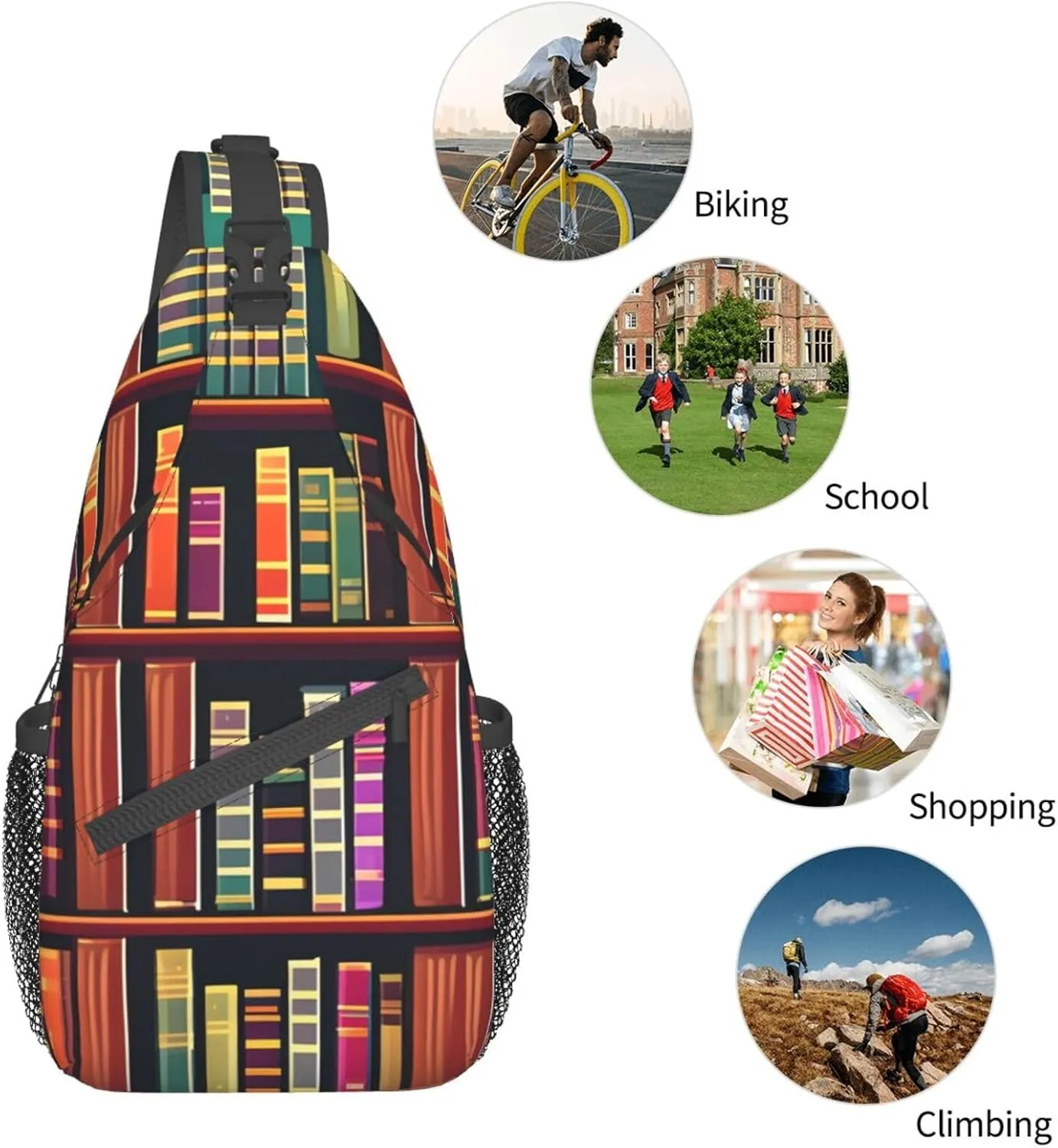 Library Bookshelf High Storage Capacity Chest Bag Diagonally Sling Backpack Crossbody Shoulder Bag For Men Women