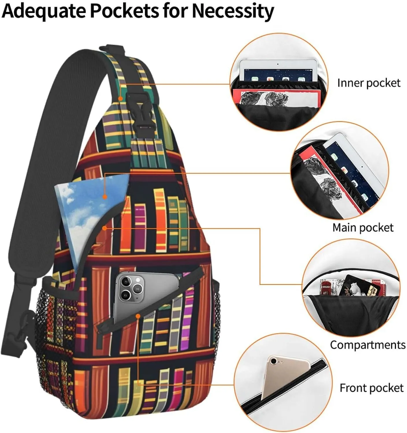 Library Bookshelf High Storage Capacity Chest Bag Diagonally Sling Backpack Crossbody Shoulder Bag For Men Women