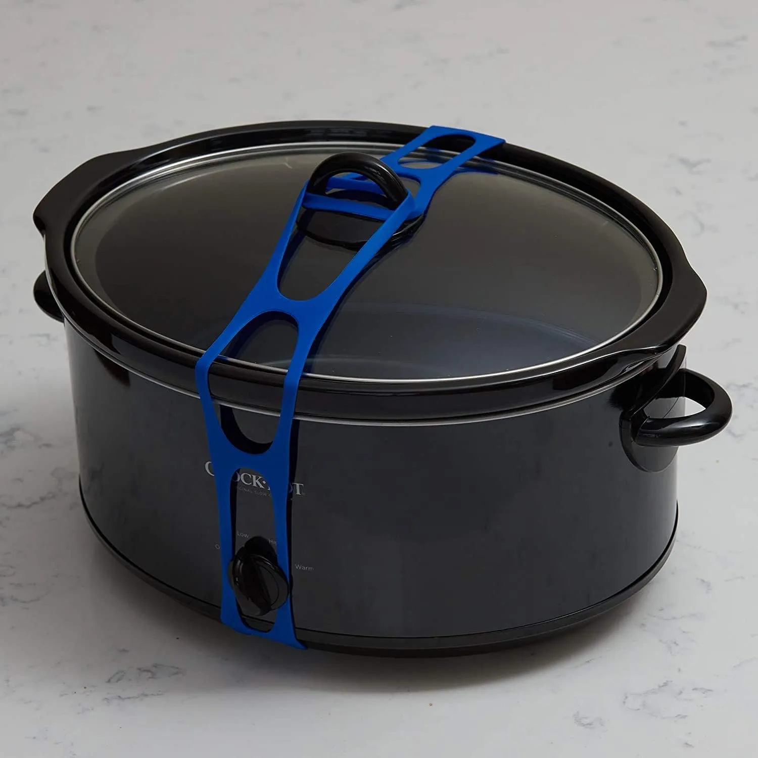 Lid Latch the reusable universal lid securing strap for crockpots, casserole dishes, pots, pans and more. Make it easy to transport your favorite dishes with one simple strap. (Polybag Blue/Grey)