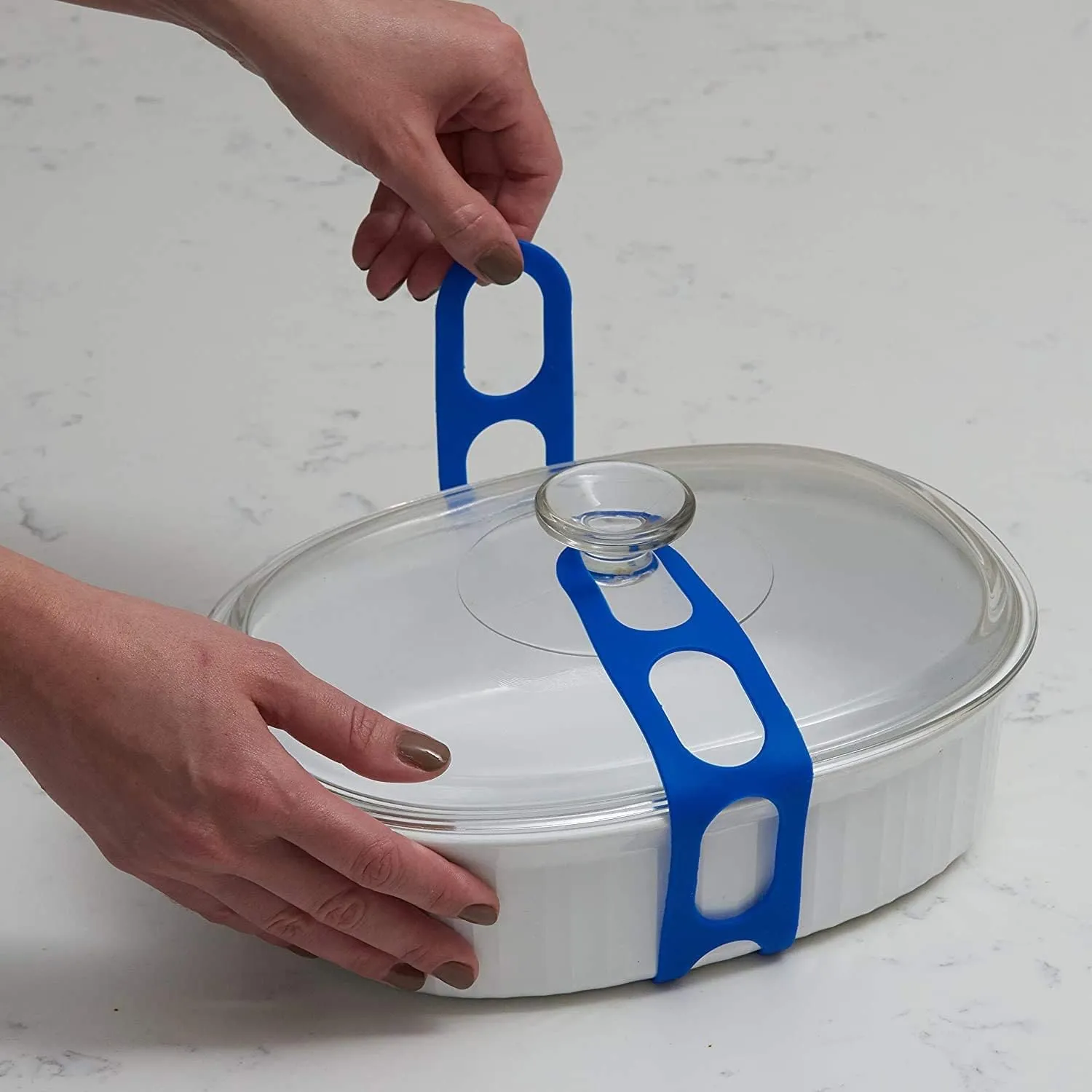 Lid Latch the reusable universal lid securing strap for crockpots, casserole dishes, pots, pans and more. Make it easy to transport your favorite dishes with one simple strap. (Polybag Blue/Grey)