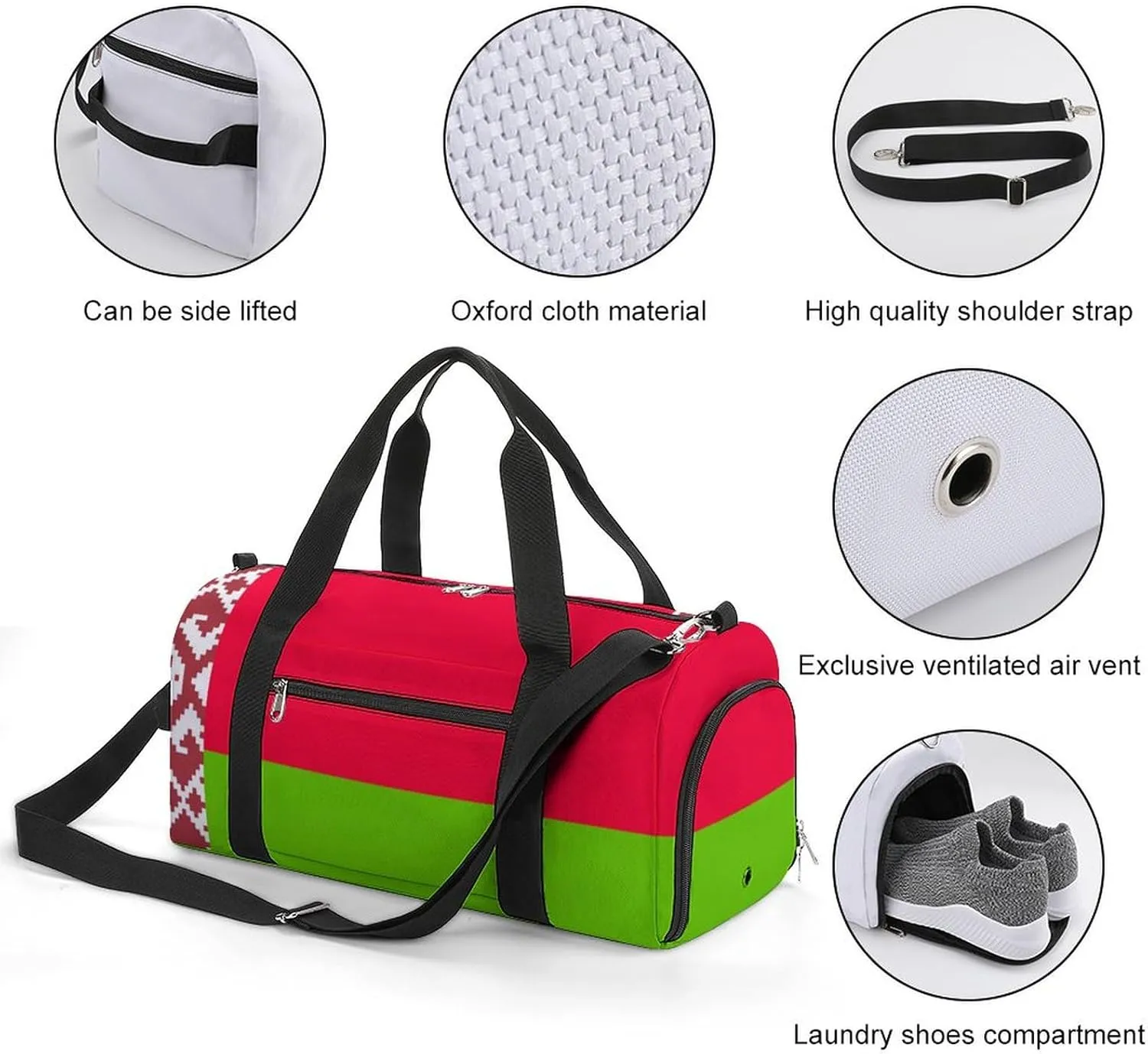 Lightweight Belarus Flag Duffel Bag for Women Men with Shoe Compartment and Wet Pocket