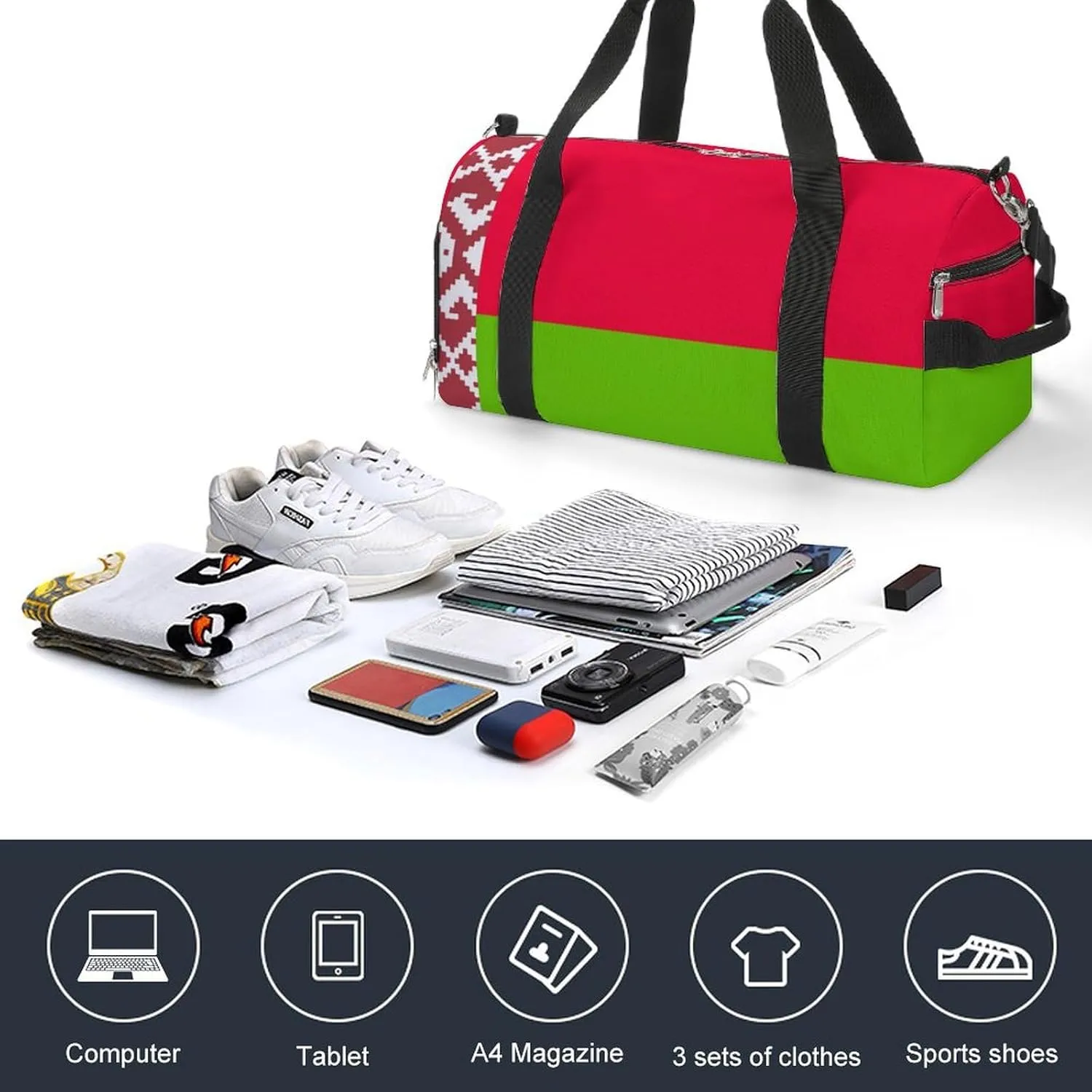 Lightweight Belarus Flag Duffel Bag for Women Men with Shoe Compartment and Wet Pocket
