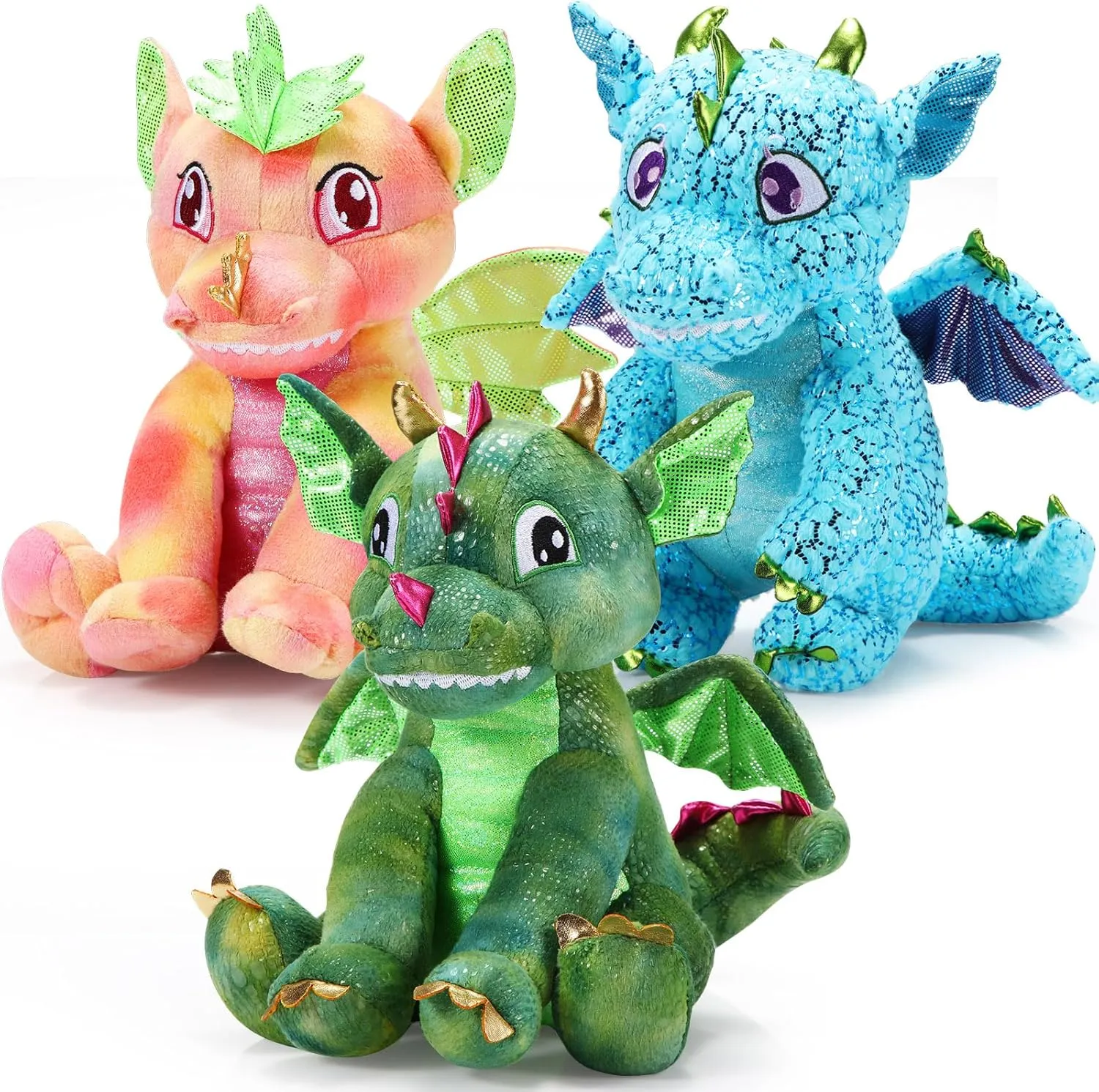 Liliful 3 Pcs Dragon Plush Toys - Soft Cuddly Stuffed Dragon Dolls, 10 Inch, Bulk Pack for Boys, Girls, Toddlers, Christmas, Birthday Gifts
