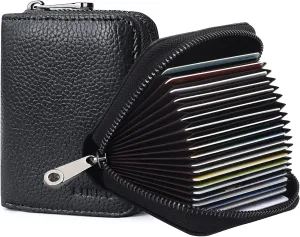 Linno RFID 20 Slots Credit Card Holder Genuine Leather Small Wallet for Women or Men with Zipper