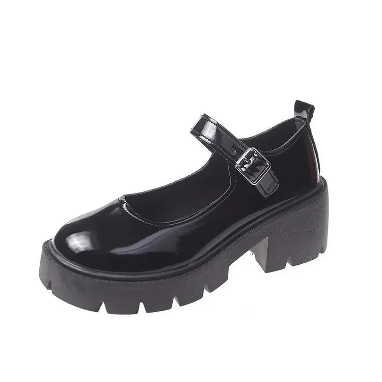Lolita Shoes Japanese Girl Platform Black high heels fashion Round Toe Mary Jane Women Patent faux Leather Student Cosplay Shoes
