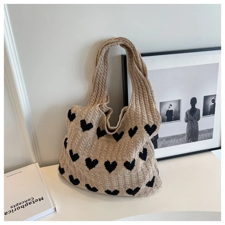 Love Heart Pattern Woven Large Capacity Shoulder Bags