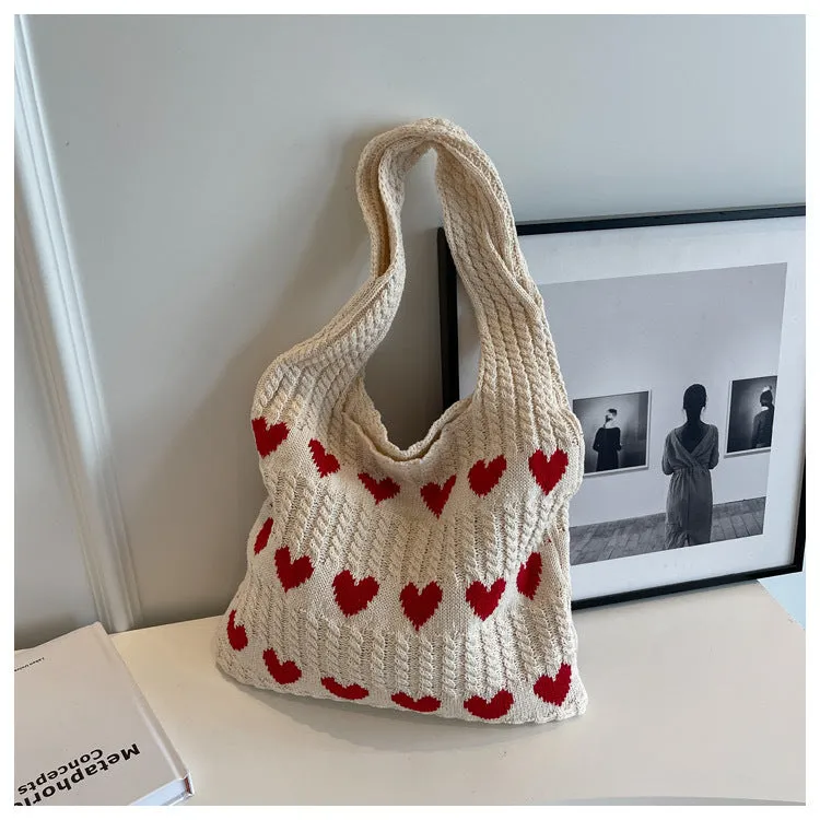 Love Heart Pattern Woven Large Capacity Shoulder Bags
