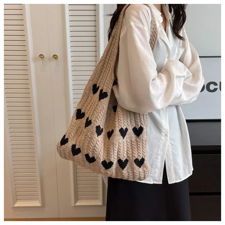 Love Heart Pattern Woven Large Capacity Shoulder Bags