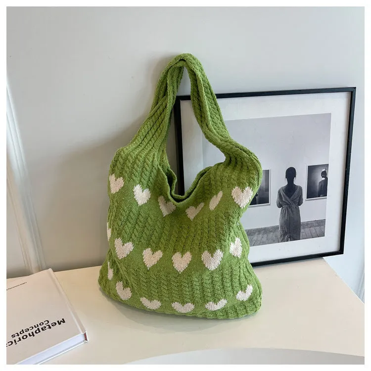 Love Heart Pattern Woven Large Capacity Shoulder Bags