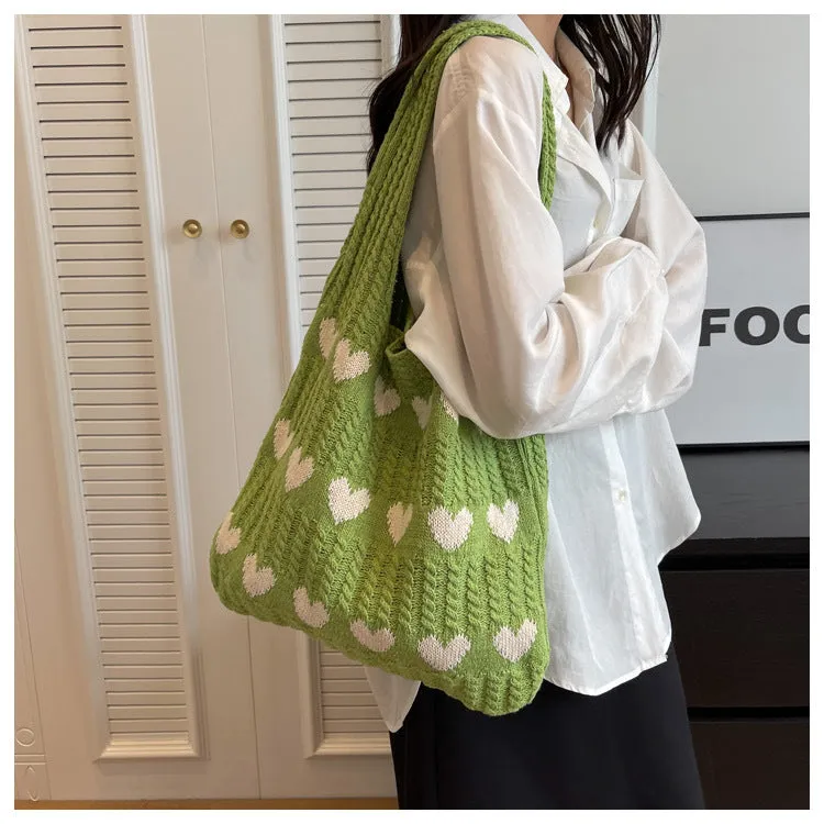 Love Heart Pattern Woven Large Capacity Shoulder Bags