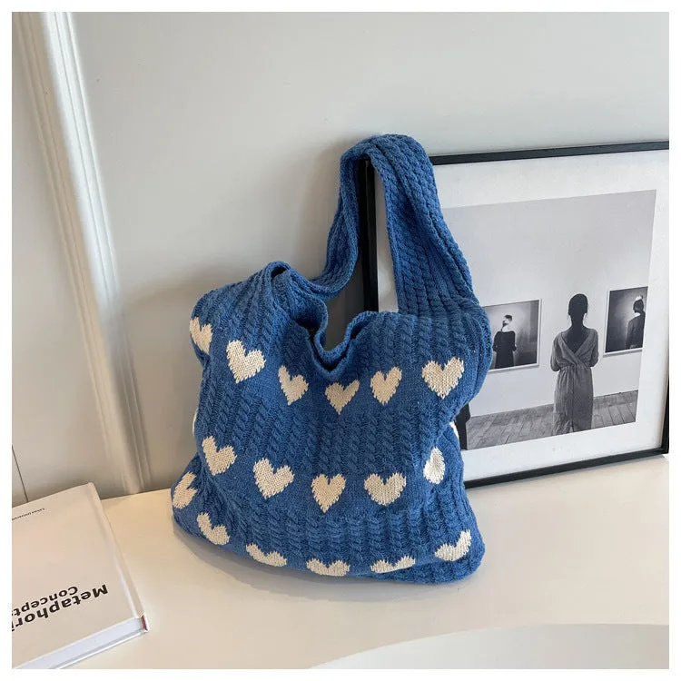 Love Heart Pattern Woven Large Capacity Shoulder Bags