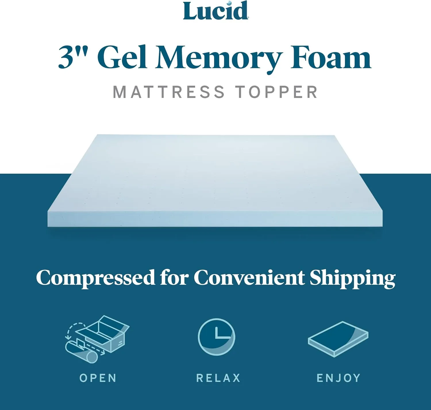 Lucid 3 Inch Mattress Topper Queen - Gel Infused Memory Foam – Memory Foam Mattress Topper Queen – Ventilated Design – CertiPur Certified