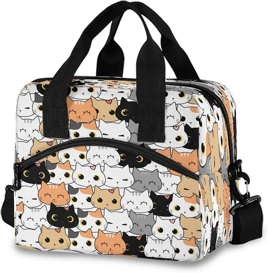 Lunch Bag Box Cute Cats Kitten Pattern Insulated Cooler Lunch Tote Bag Container Snacks Organizer for Women Men Adult Office Work Picnic Hiking