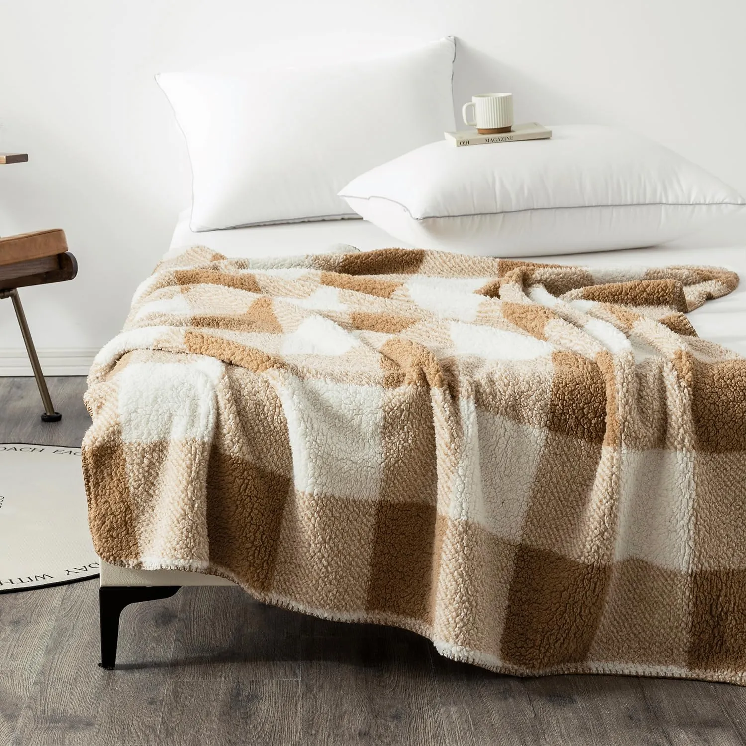 LURKA Checkered Sherpa & Polar Fleece Throw Blanket - 2-Sided Luxury Hypoallergenic Blankets for Couch, Bed, Pets (Brown, Throw(50"x60"))