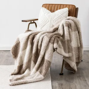 LURKA Checkered Sherpa & Polar Fleece Throw Blanket - 2-Sided Luxury Hypoallergenic Blankets for Couch, Bed, Pets (Khaki, Throw(50"x60"))