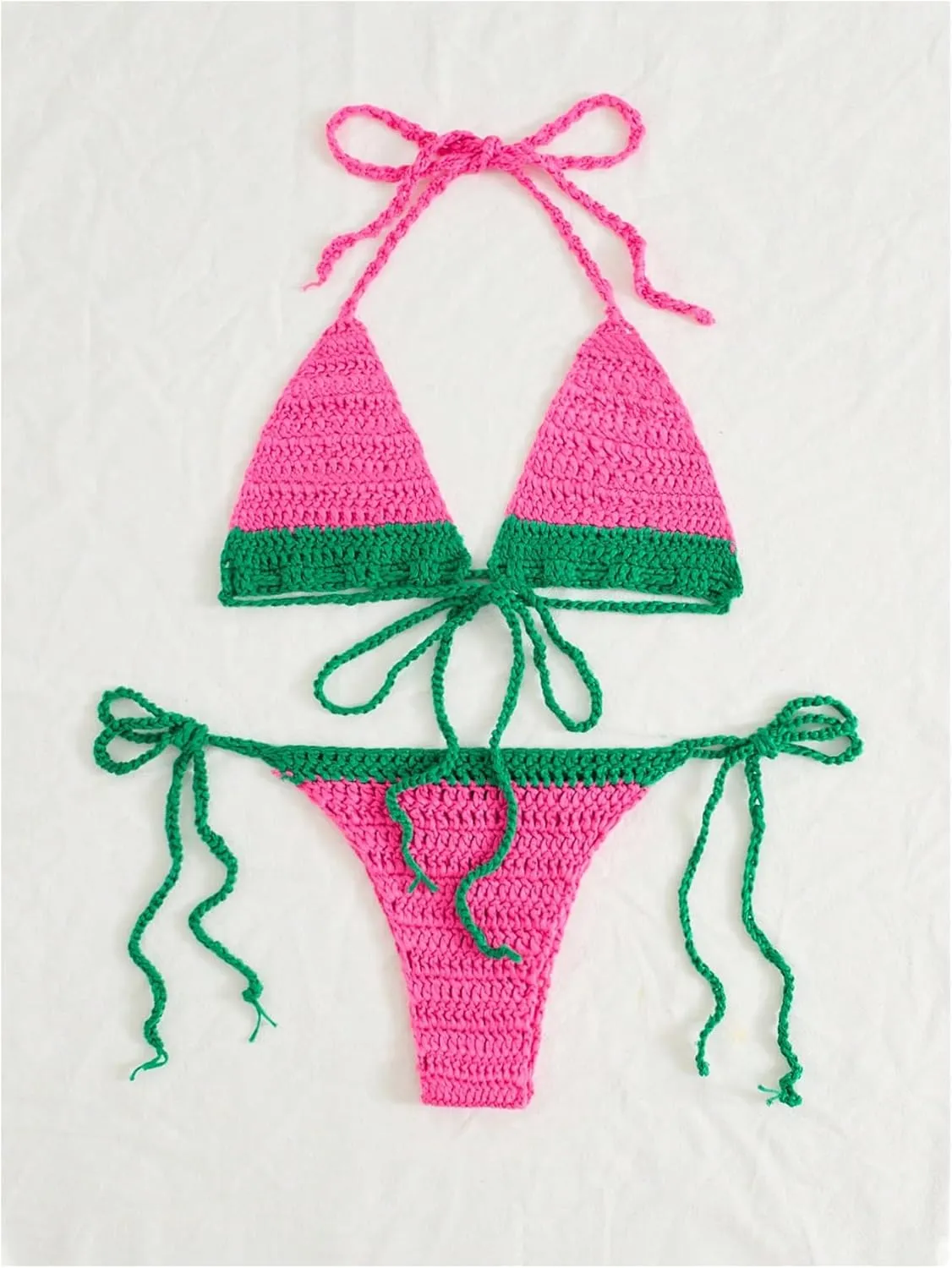 MakeMeChic Women's 2 Piece Bikini Sets Triangle Halter Tie Back Color Block Beach Swimsuit