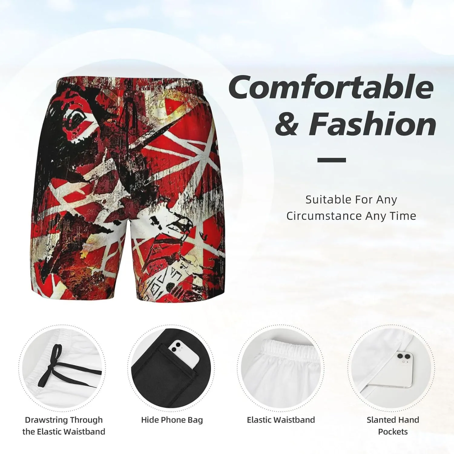 Man's Sports Swim Trunks for Van.1986 Halen Beach Pants,Beach Board Shorts Surf Quick Dry Breathable Pants for Party
