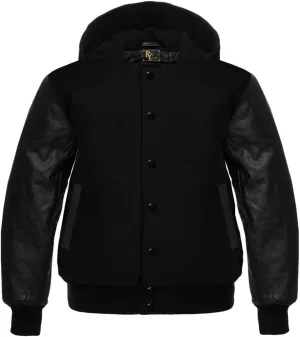 Man's Varsity Hoodie Letterman Wool & All Colour Genuine Cowhide Leather Sleeves Bomber Style Baseball Hood