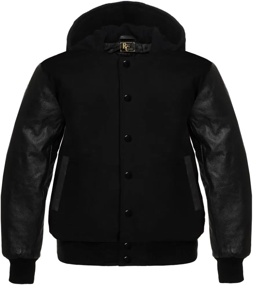 Man's Varsity Hoodie Letterman Wool & All Colour Genuine Cowhide Leather Sleeves Bomber Style Baseball Hood