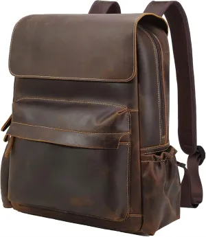Masa Kawa Vintage Full Grain Leather 15.6 Inch Laptop Backpack for Men Casual Business Travel Rucksack Work Bag Daypack Brown, Large