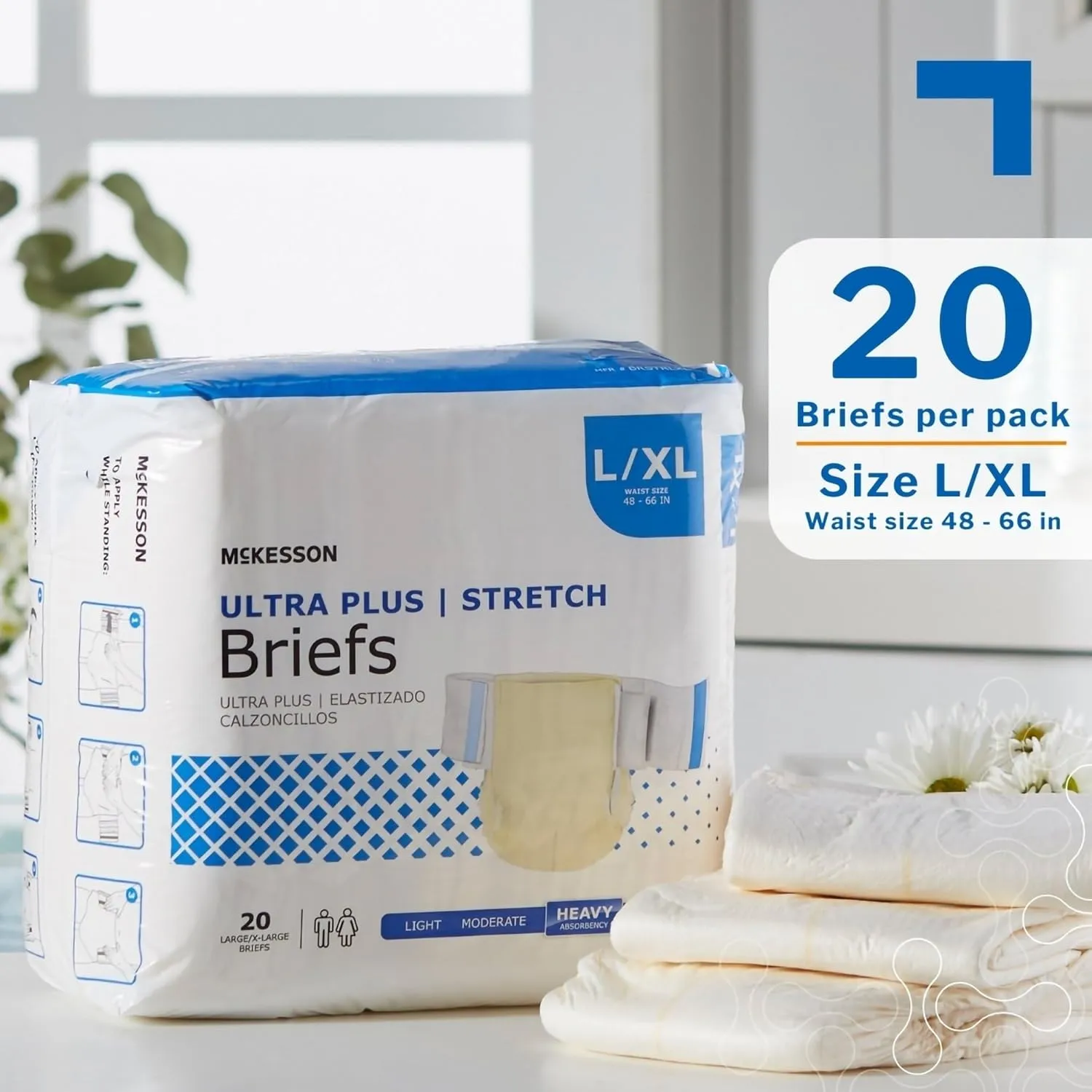 McKesson Ultra Plus Stretch Briefs, [80 Count], L/XL, 48-66 in. Incontinence Adult Diapers, Heavy Absorbency, Unisex, Disposable, Elastic Leg Gathers and Contoured Fit for Men and Women