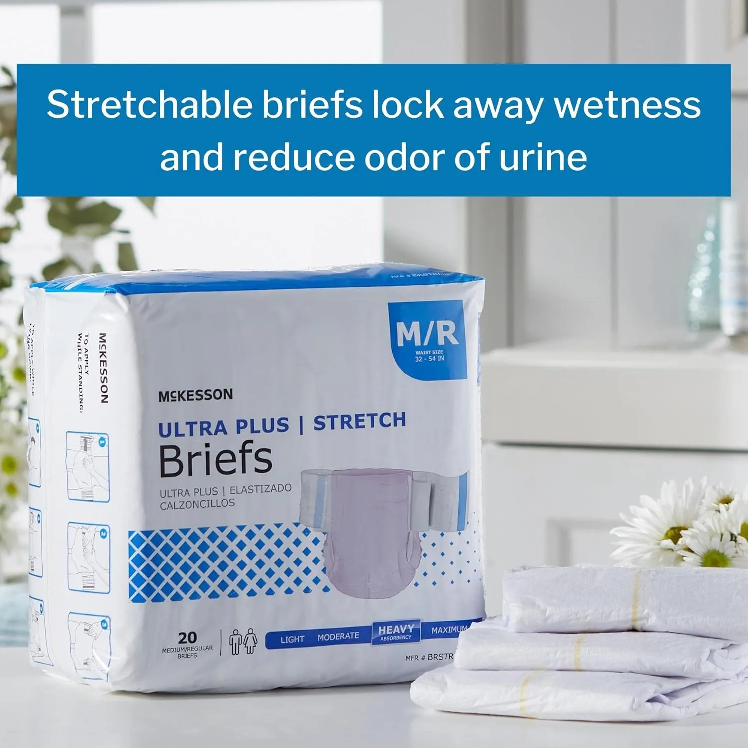 McKesson Ultra Plus Stretch Briefs, [80 Count], M/R, 32-54 in. Incontinence Adult Diapers, Heavy Absorbency, Unisex, Disposable, Elastic Leg Gathers and Contoured Fit for Men and Women
