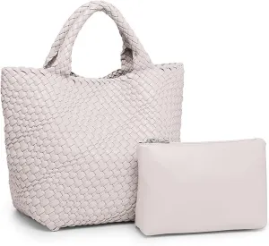 MECOLOR Womens Vegan Leather Woven Bag with Purse, Handmade Beach Tote Bag Top-handle Handbags