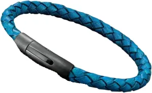 Men Genuine Blue Leather Bracelet Matte Black Stainless Steel Magnitic Buckle Jewelry