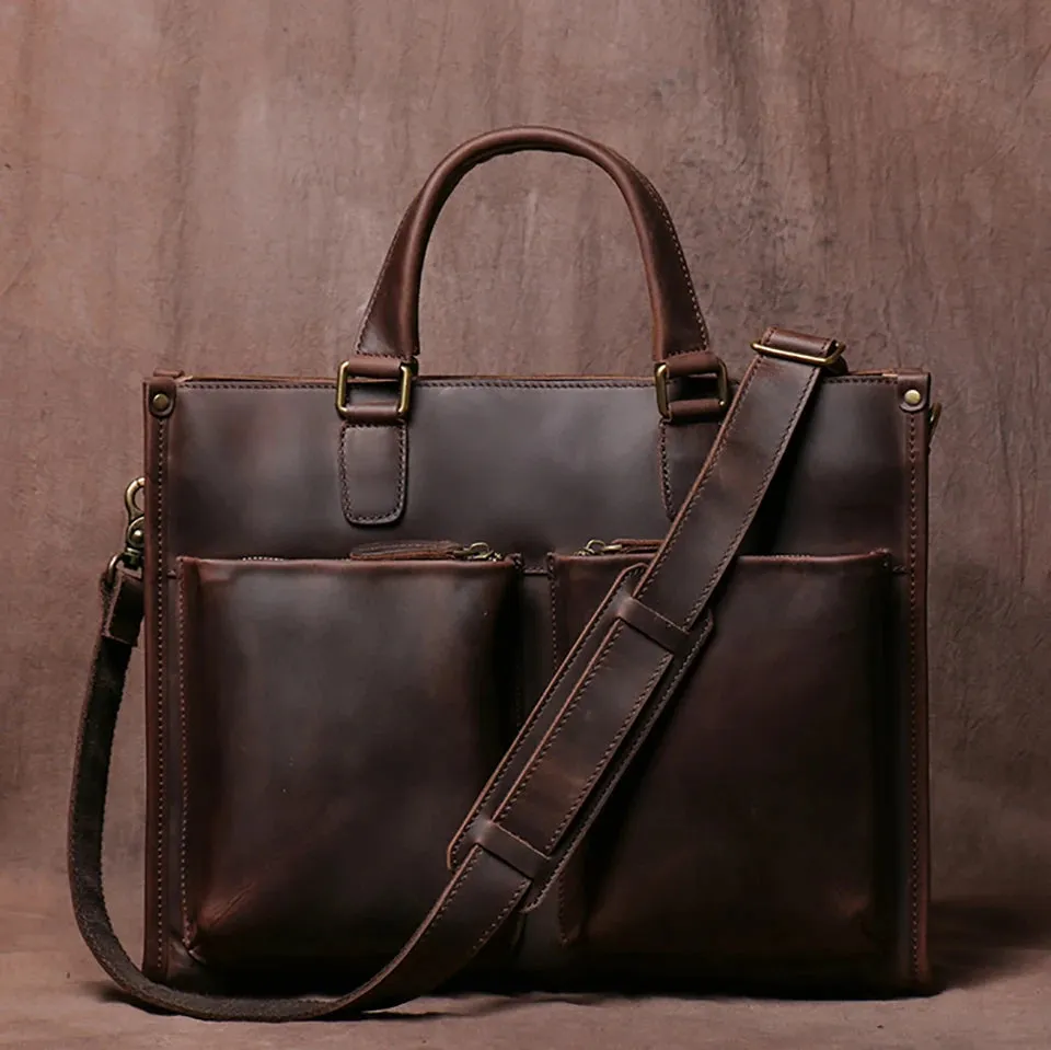 Mens 14,15.4 Inch Crazy Horse Natural Genuine Leather Shoulder Messenger Hand & Laptop Bag