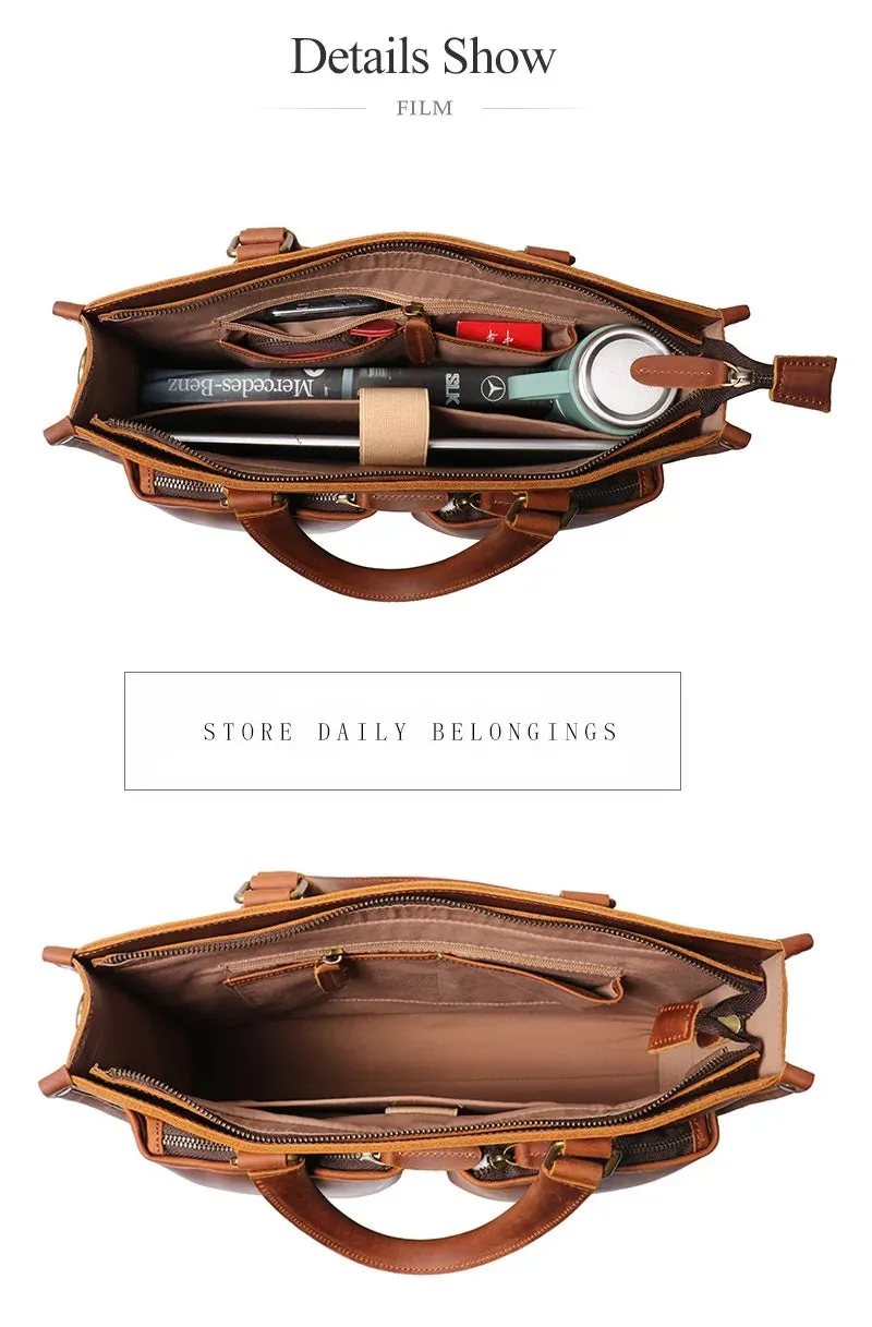 Mens 14,15.4 Inch Crazy Horse Natural Genuine Leather Shoulder Messenger Hand & Laptop Bag