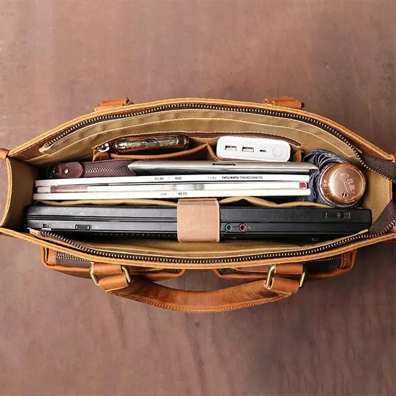 Mens 14,15.4 Inch Crazy Horse Natural Genuine Leather Shoulder Messenger Hand & Laptop Bag