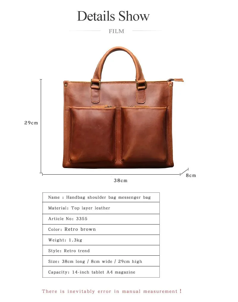 Mens 14,15.4 Inch Crazy Horse Natural Genuine Leather Shoulder Messenger Hand & Laptop Bag