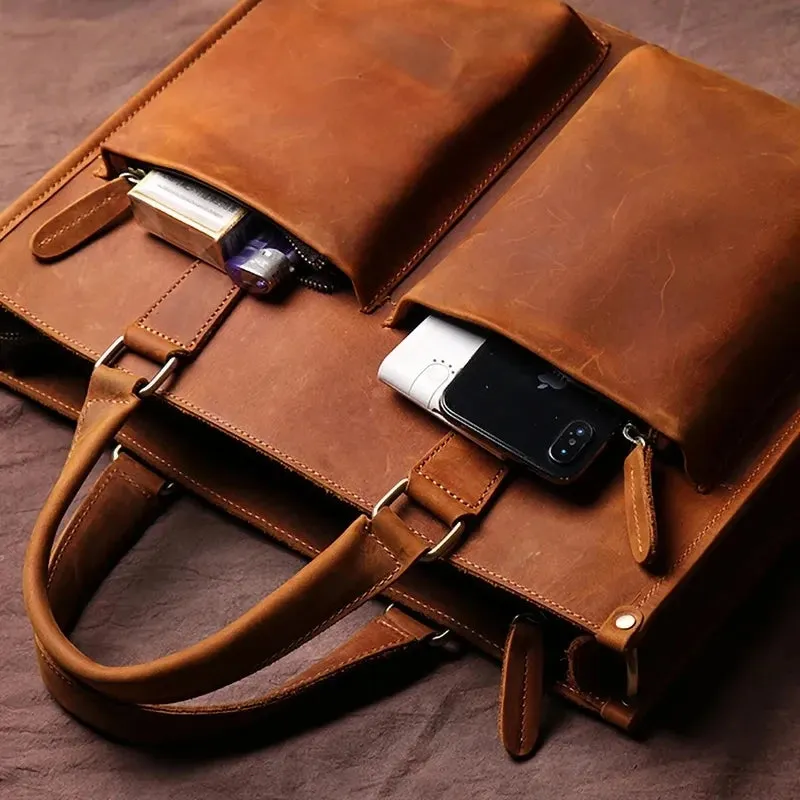 Mens 14,15.4 Inch Crazy Horse Natural Genuine Leather Shoulder Messenger Hand & Laptop Bag