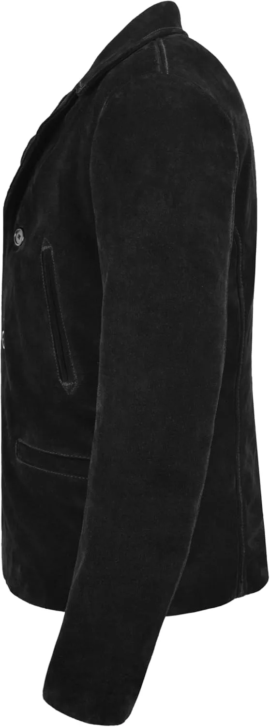 Men's 70's Leather Jacket Black Suede Classic Collared Blazer Casual Style 4162