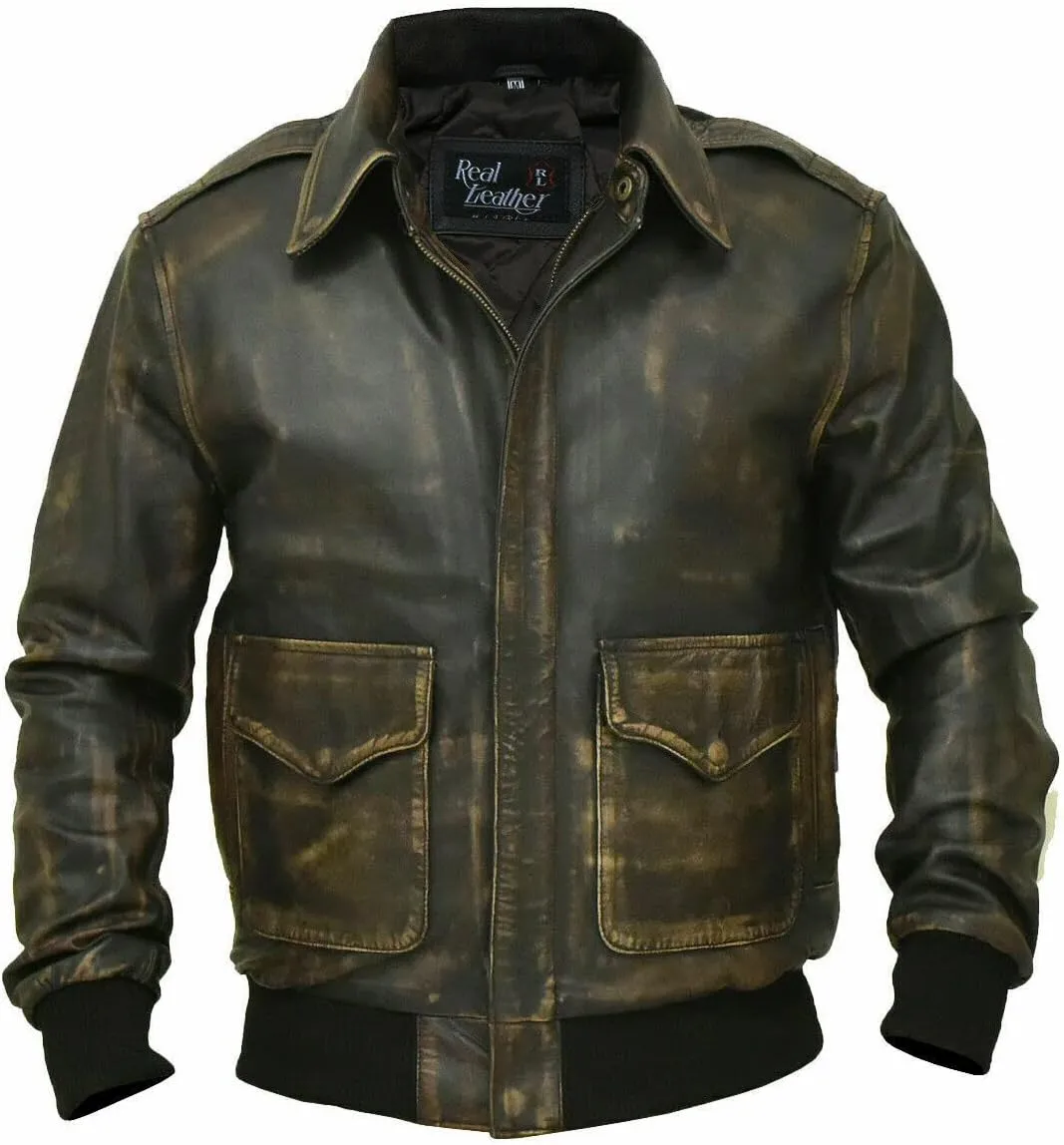 Mens Air Force A-2 Leather WWII Flight Bomber Jacket - Cockpit Pilot Vintage Style Genuine Leather Jacket