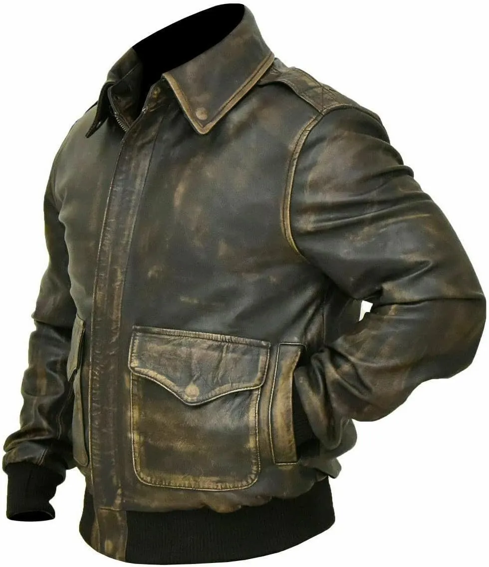 Mens Air Force A-2 Leather WWII Flight Bomber Jacket - Cockpit Pilot Vintage Style Genuine Leather Jacket