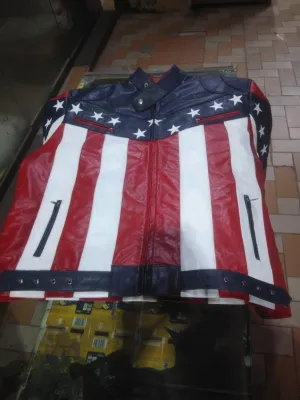 Men’s American Flag Leather Biker Jacket – Genuine Leather USA Motorcycle Rider Coat with Bold Stars & Stripes Design
