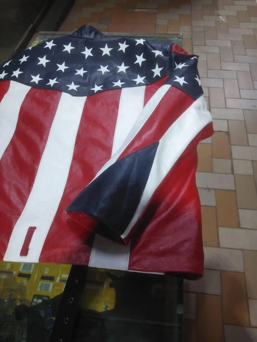 Men’s American Flag Leather Biker Jacket – Genuine Leather USA Motorcycle Rider Coat with Bold Stars & Stripes Design