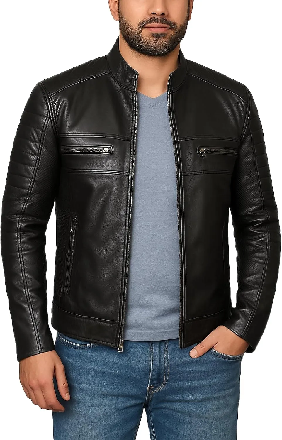 Men's Biker Genuine Leather Jacket - Vintage Motorcycle Real Leather Jacket in Black and Brown