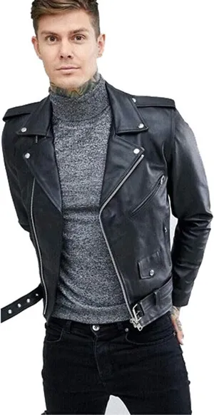 Men's Biker Rider Motorcycle Motorbike Rocker Retro Genuine Cowhide Black Leather jacket By Reclaimed Vintage (US, Alpha, X-Small, Regular, Regular, Black)