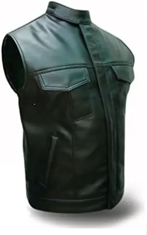 Mens Biker Style Vest Real Black Cow Leather Motorcycle Waistcoat - B9_BLK