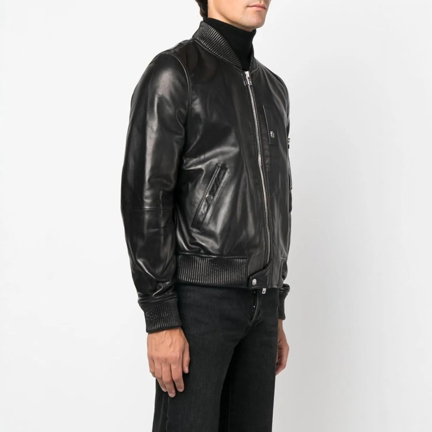 Men's Black Genuine Leather Bomber Jacket – Classic Aviator Style, Zip-Up Front, Multiple Pockets – Premium Leather Outerwear