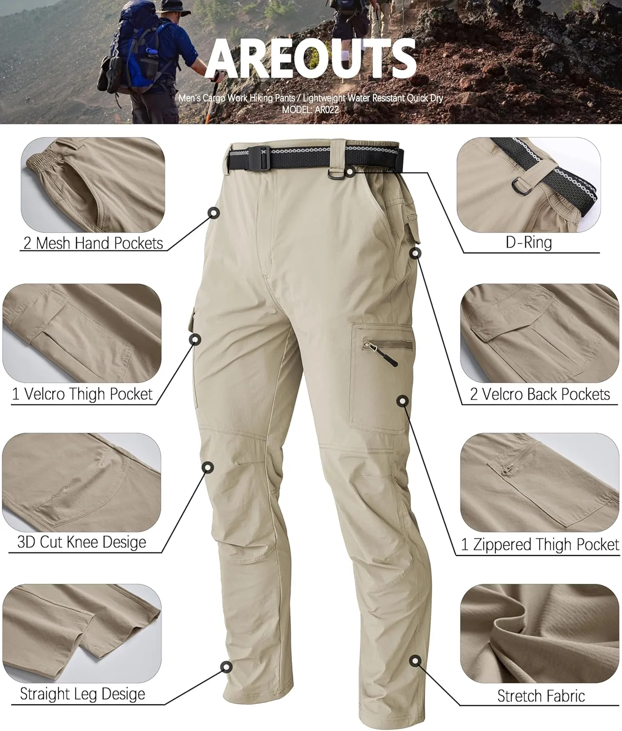 Men's Cargo Work Hiking Pants Lightweight Water Resistant Quick Dry Fishing Travel Camping Outdoor Breathable Multi Pockets