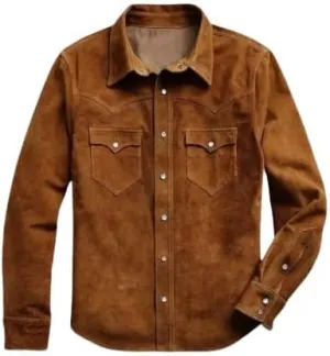 Men's Cowboy Western Roughout Style Soft Suede Leather Shirt - Genuine Suede Journeyman Shacket Jacket Men