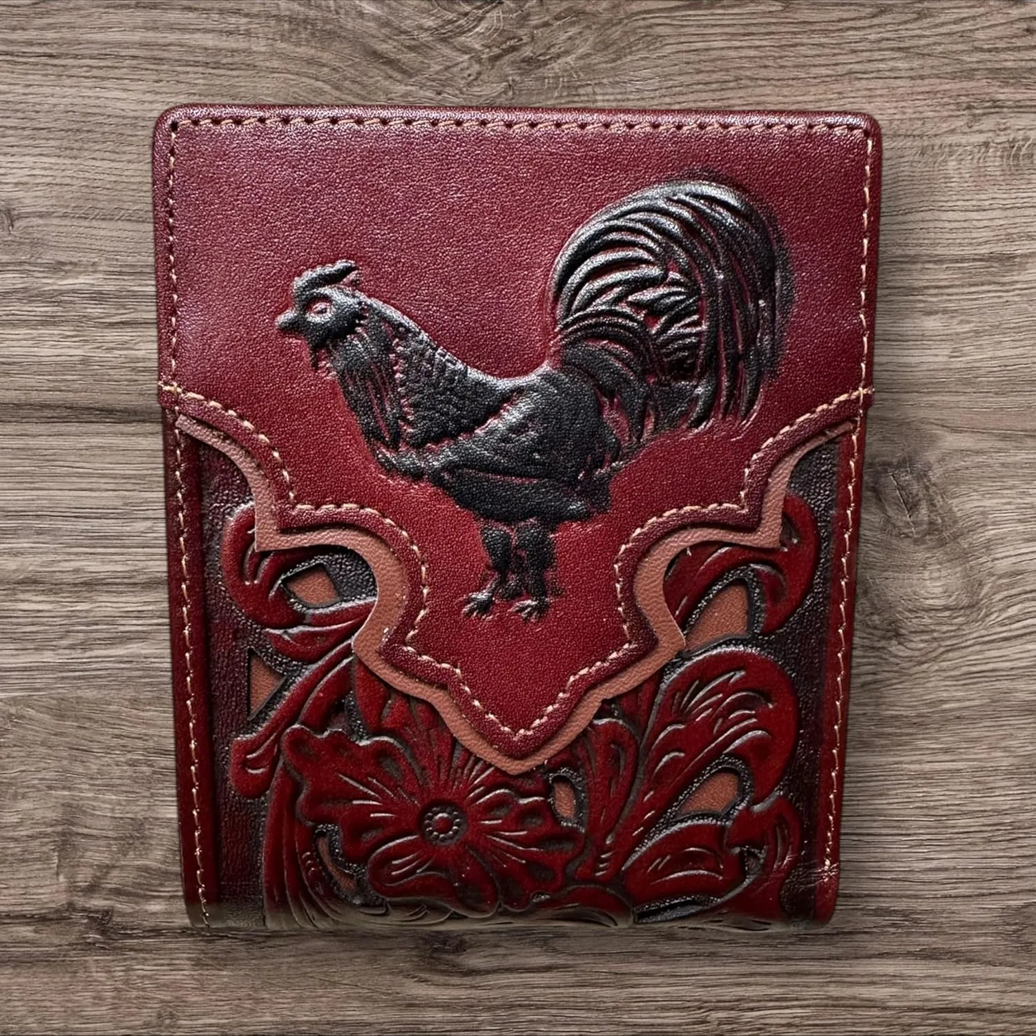 Mens Floral Cowboy Rooster Gallo Embossed Cowboy Western Leather Wallet High End Cut Out Layered Leather Style Mens Wallets Leather Bull Rider Rodeo Gifts For Men (Light Coffee Coffee)