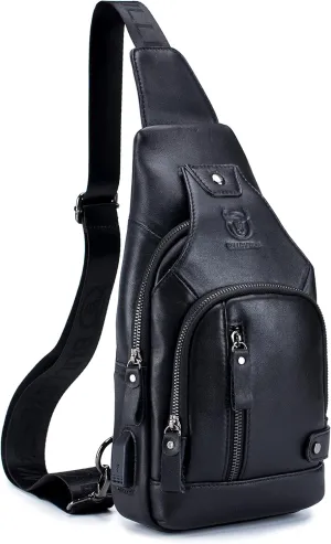 Men's Genuine Leather Sling Bag, Crossbody Shoulder Bag Chest Bag Casual Travel Hiking Sling Backpack with USB Charge Port